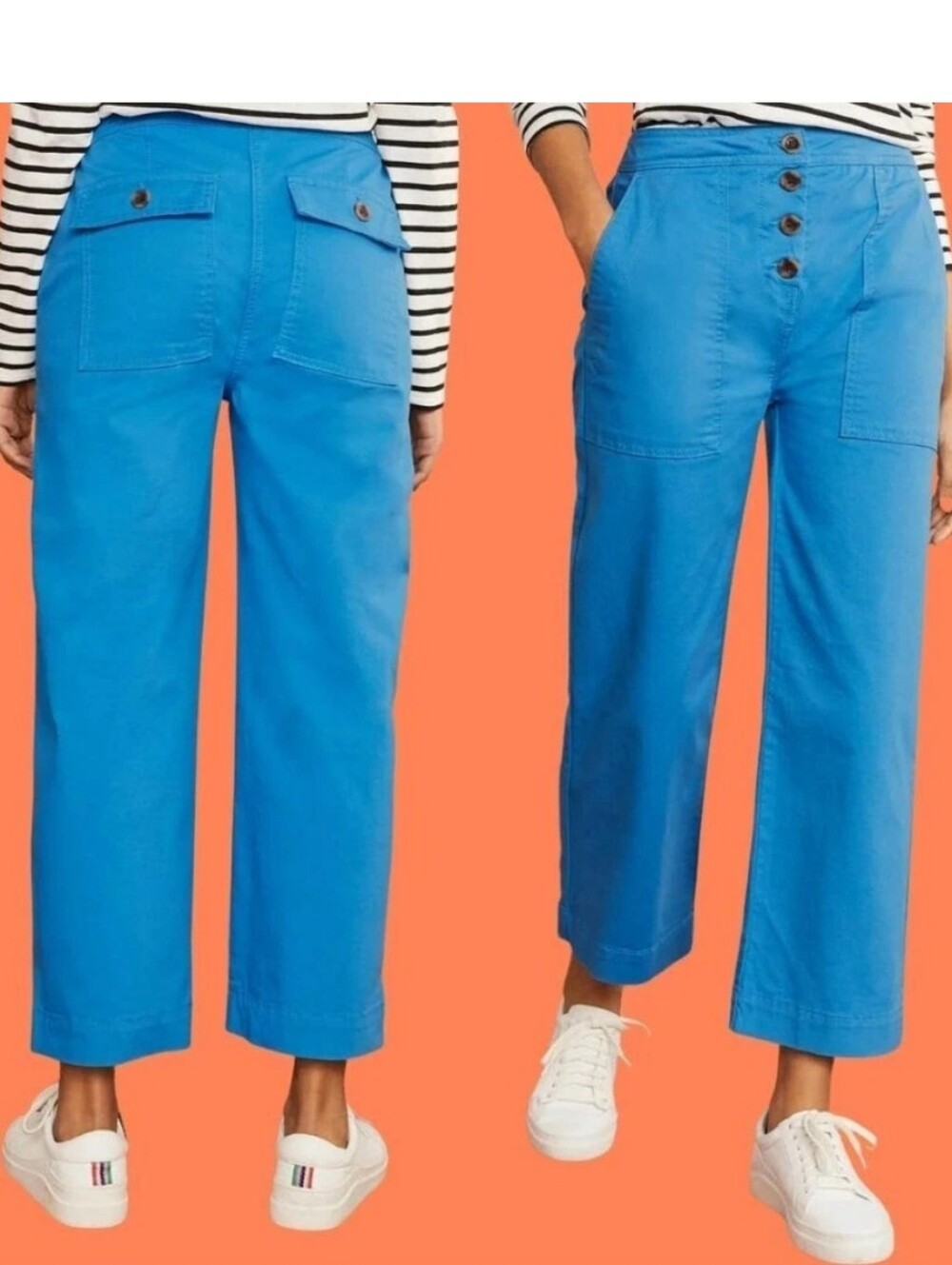 Boden Mock Button Fly Pants Cropped Wide Leg Blue Pants Ankle 4 Cotton Pockets